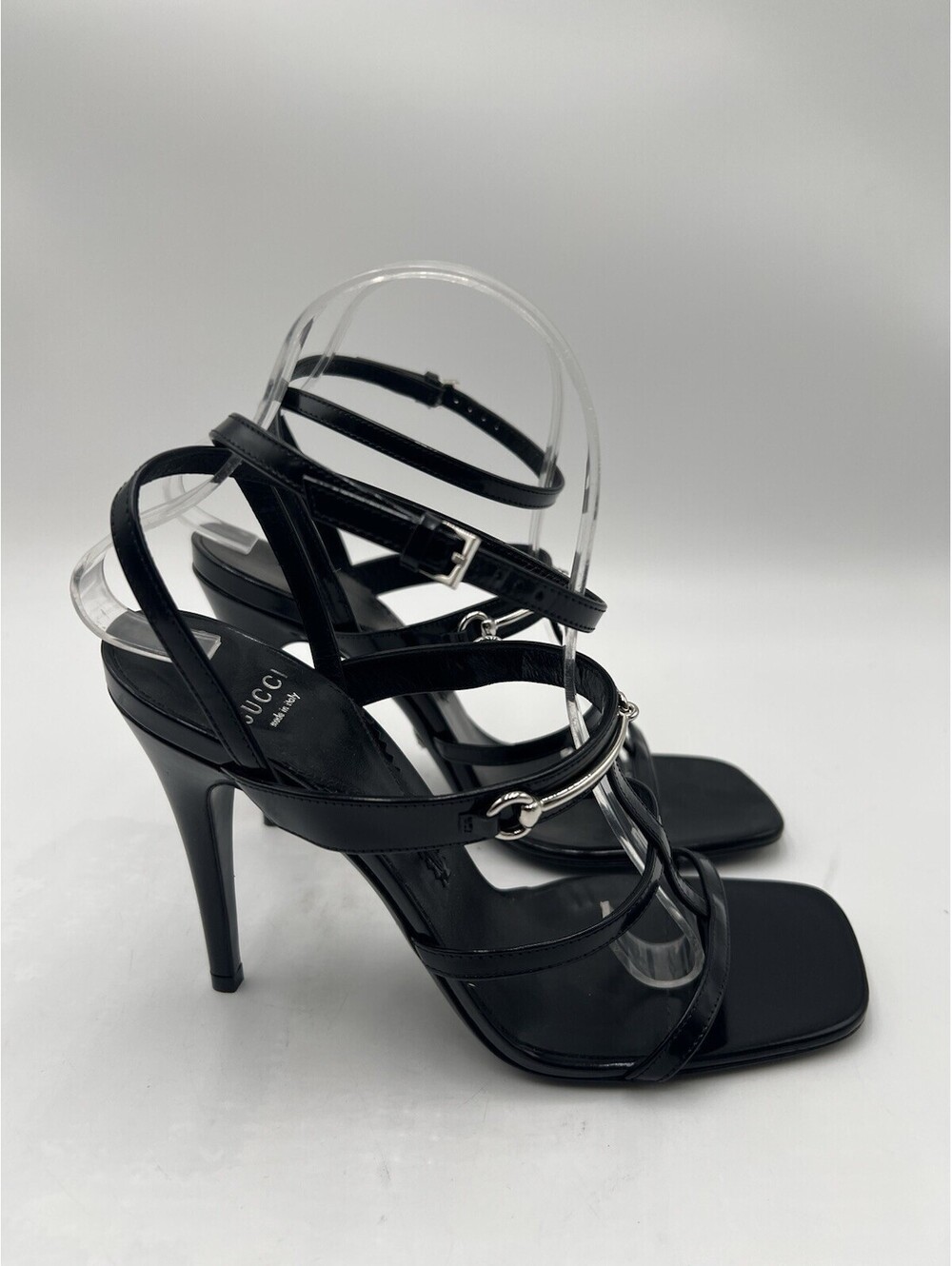Women’s GUCCI Horsebit 105mm Strappy Black Patent Leather Sandals Size 38.5